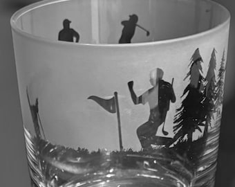 GOLF WHISKY GLASS | 30cl Glass Whisky Tumbler with Golfing Frieze Design | Gift for Golfer | Golf Dad Gift