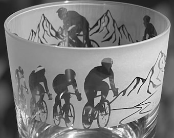 CYCLING WHISKY GLASS | 30cl Glass Whisky Tumbler with Cyclist Frieze Design | Gift for Cyclist | Cyclist Dad Gift