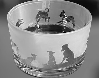 WHIPPET BOWL | Clear Glass Bowl with Whippet Frieze Design | Perfect for Tealight or Floating Candles | Glass Dish | Trinket, Pudding