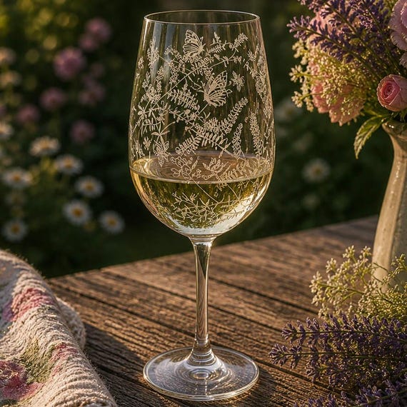 BLUMENGARTEN GLAS | Kristall Rot oder Weiß Weinglas mit Blumen & Schmetterling Design