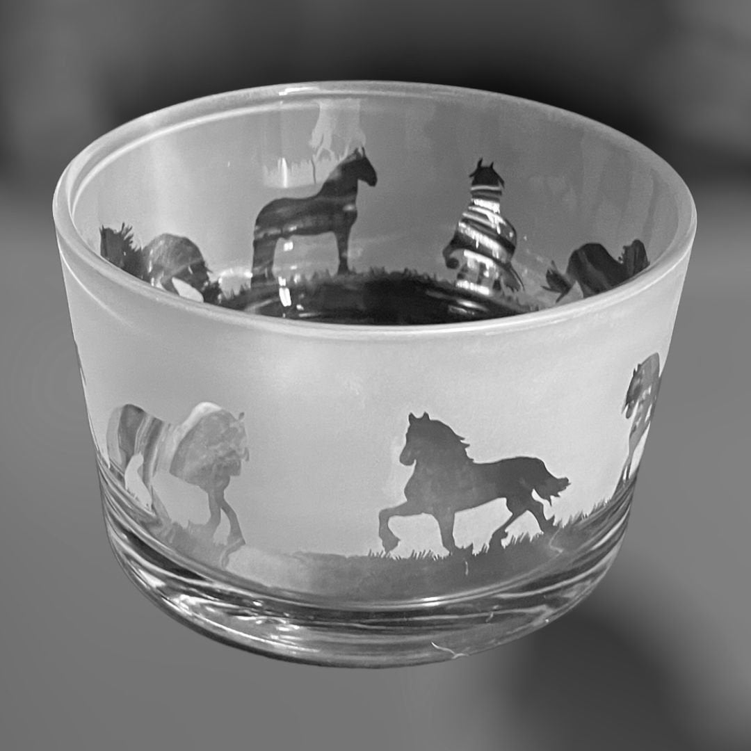 FRIESIAN HORSE BOWL Clear Glass Bowl With Friesian Horses Frieze Design