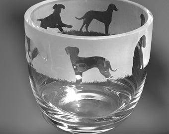 HUNGARIAN VIZSLA CANDLEHOLDER Crystal Glass Candleholder with Hungarian Vizsla Frieze Design - Perfect for ball or church pillar candle