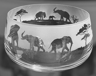 ELEPHANT CRYSTAL BOWL | Clear Crystal Glass 21cm Tapered Fruit Bowl with Elephant Frieze Design | Gift for Elephant Lover