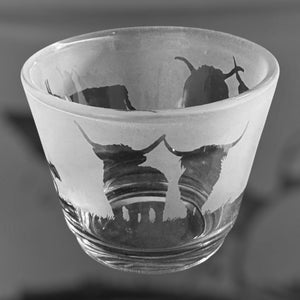 HIGHLAND COW TEALIGHT | Rustic Glass Tea Light Holder with Highland Cattle design |Hairy Coo Gift Idea | Cow Present | Cow Candle Holder