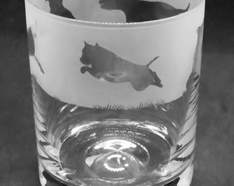 STAFFORDSHIRE BULL TERRIER | 30cl Glass Whisky Tumbler with Staffy Frieze Design