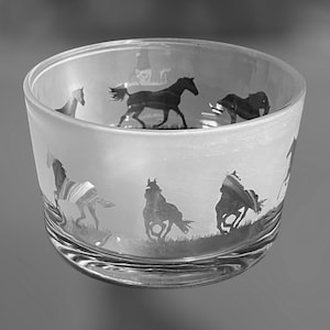 GALLOPING HORSES 12cm BOWL | Clear Glass Bowl with Galloping Horses Frieze Design | Perfect for Tealight or Floating Candles | Glass Dish