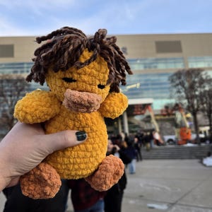Peut inclure: Un jouet de canard crocheté à la main dans les tons de jaune, marron et orange. Le canard en peluche a un corps texturé, une crinière brune et des pieds et un bec orange. Le jouet est tenu devant un arrière-plan extérieur flou.
