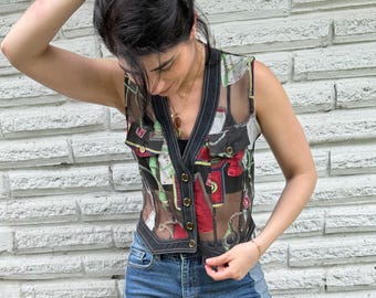 Vintage 90s Hermès-meets-Moschino Aesthetic,  Detective Print Sheer Vest with Mystery Tools | Handcuff, Scarf, Magnifier– Small/Petite