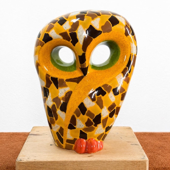 A signed studio pottery owl with terrazzo-style glazed finish — tactile, modernist, and clearly made by an actual human with a kiln and a vision.