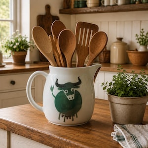 Vintage 1970s Arabia Finland Heluna Cow Pitcher | Kaj Franck | Green 48oz Milk Jug | MCM Decor, 6.25" Ceramic Vase Modern Texas Style Decor
