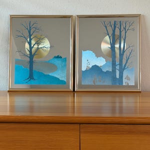 Pair of 1970s Mirrored Wall Art Panels, Mid Century Modern Sun Moon Landscape, Silver Framed Mirror Set, Retro Decor, Vintage Wall Hanging