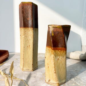 Artisan Pair of Signed Handmade Faceted Stoneware Bud Vases, Two Tone Brown Cream Glaze, Studio Pottery, Brutalist Mingei Decor