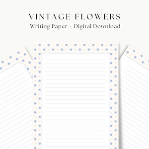 Papel de escribir imprimible con estampado floral vintage azul: 3 modelos, rayado o no, tamaños A4 y carta de EE. UU.