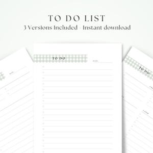 Lista de tareas minimalista imprimible (inglés) – Incluye 3 versiones – Tamaños A4 y carta – Organizador de cuadros vichy en PDF – Descarga instantánea