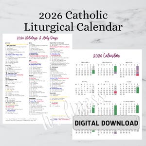 Könnte beinhalten: Ein katholischer liturgischer Kalender 2026 mit weißem Hintergrund. Der Kalender enthält Feiertage und heilige Tage, mit einer monatlichen Kalenderansicht. Die Worte "DIGITALER DOWNLOAD" stehen unten.