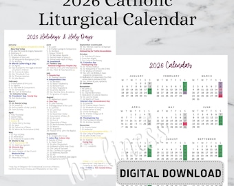 2026 Catholic Calendar- DIGITAL DOWNLOAD/Catholic planning, liturgical living calendar, Church feast days, holy days and holidays
