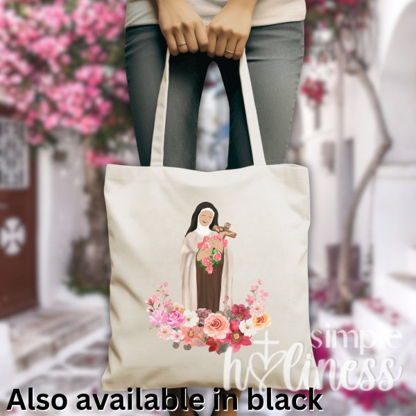 St. Therese Little Flower floral Canvas Tote Bag / Mass, book, and Bible study bag. Birthday & First Communion gift, Catholic Christian bag