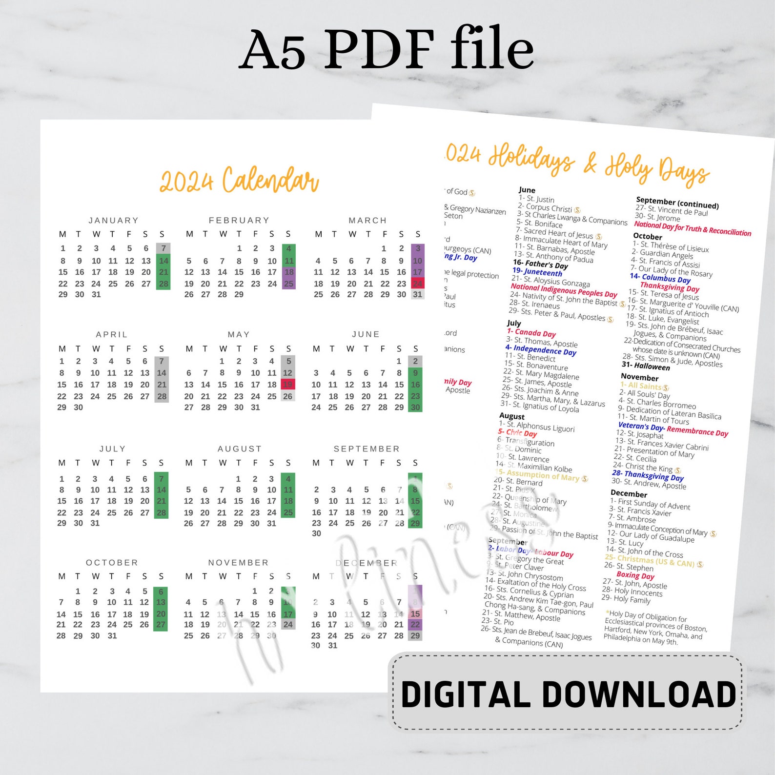 2024 Catholic Calendar DIGITAL DOWNLOAD Etsy