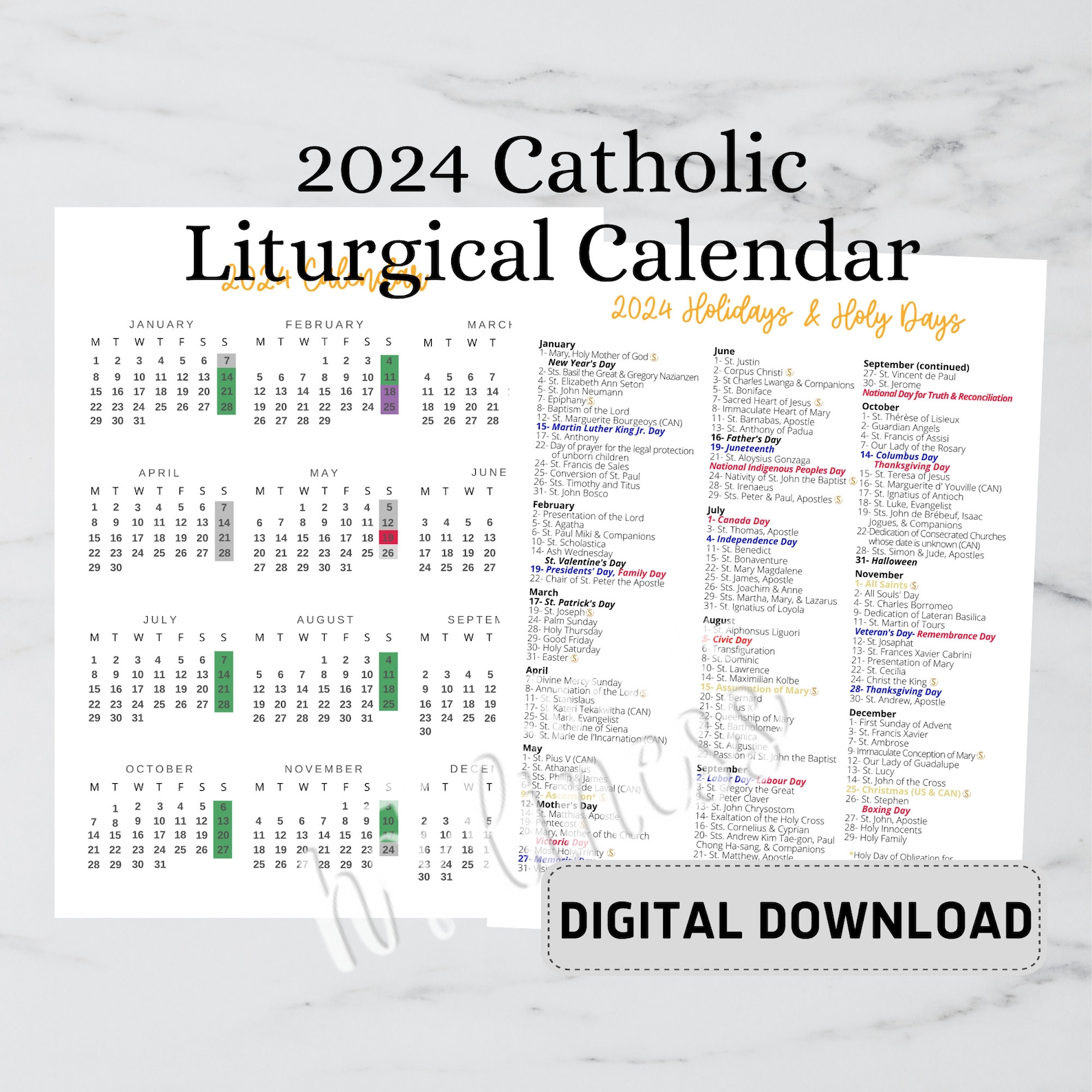 2024 Catholic Calendar DIGITAL DOWNLOAD Etsy