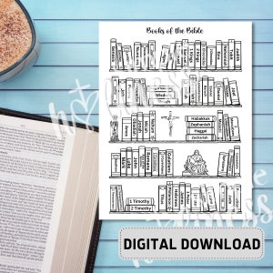 May include: A black and white printable chart listing the books of the Bible in order. The chart is designed to look like a bookshelf with each book title displayed on a separate book. The text "Books of the Bible" is at the top of the chart and the text "DIGITAL DOWNLOAD" is at the bottom of the chart.