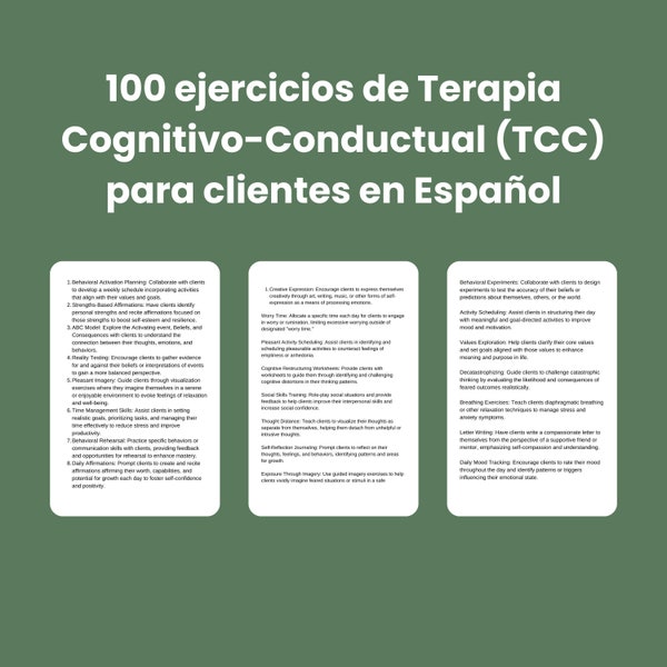 Ensemble de questions sur la thérapie TCC en espagnol, thérapie de traumatologie, client hispanophone, 100 exercices de thérapie cognitive comportementale en espagnol