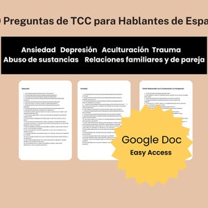 Pacote de perguntas sobre terapia de TCC, terapeuta, terapia de trauma, ansiedade, depressão, cliente que fala espanhol
