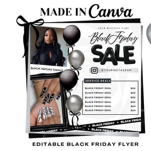 Puede incluir: Folleto editable en blanco y negro para el Black Friday con una foto de una mujer y arte de uñas. El folleto incluye el texto "Black Friday SALE" y "Black Friday Deals". Decorado con globos negros y plateados.