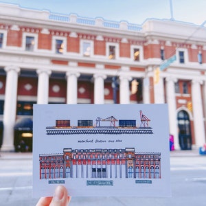 Postal / Postal de Vancouver / Estación Waterfront / Acuarela diseñada / Arte de viaje