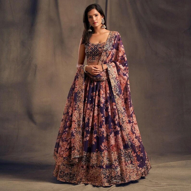 Lehenga Choli for Women Organza Floral Print Sequins & Zari - Etsy Canada