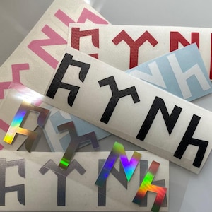 Könnte beinhalten: Ein Satz Vinyl-Aufkleber mit verschiedenen Designs des Buchstabens "N" in verschiedenen Farben und Stilen. Die Aufkleber befinden sich auf einem weißen Hintergrund und umfassen die Farben Schwarz, Weiß, Rot, Pink und Irisierend.