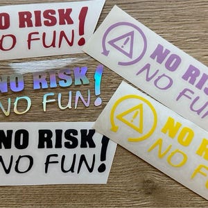 Könnte beinhalten: Fünf verschiedene farbige Vinyl-Aufkleber mit dem Text "NO RISK! NO FUN!" und einem Warnschild-Symbol. Die Aufkleber befinden sich auf einer Holzoberfläche.