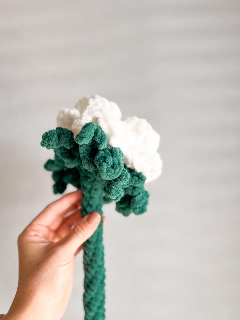 May include: A green and white crocheted flower with a long stem. The flower is made of soft yarn and has a fluffy texture.