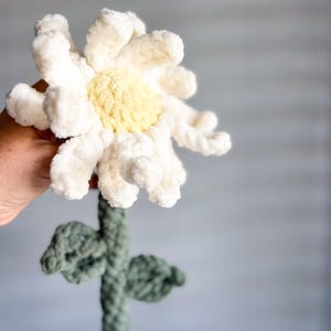 May include: A crocheted white daisy flower with a yellow center, attached to a green crocheted stem with leaves.