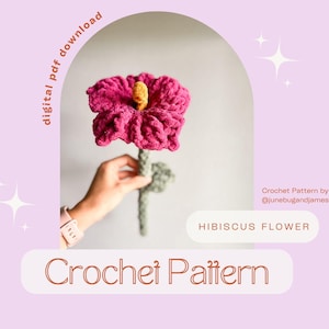 May include: A crocheted hibiscus flower in shades of pink and yellow, held by a hand. The flower has a textured appearance, with a green stem and leaves. Text on the image reads "Crochet Pattern" and "Hibiscus Flower".