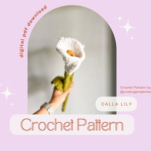 Pode incluir: Um padrão de crochê para um copo-de-leite com uma flor branca de centro amarelo e um caule com folha verde. O texto diz digital pdf download, Crochet Pattern by @junebugandjames, CALLA LILY e Crochet Pattern.