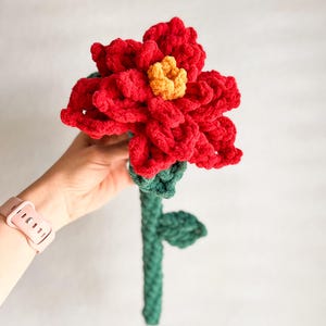 May include: A crocheted red poinsettia flower with a yellow center and green stem and leaves.