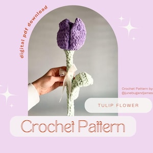 May include: Crochet pattern for a purple tulip flower. The pattern is available as a digital PDF download. The pattern is by @junebugandjames.