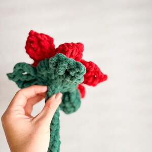 May include: A crocheted poinsettia flower with red petals and green leaves. The flower is held in a hand.