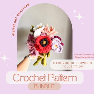 May include: A digital PDF download crochet pattern bundle titled Storybook Flowers Collection by junebugandjames. The image features a colorful handmade crochet flower bouquet with red, white, pink, and purple petals and green stems.