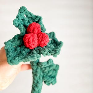 May include: A green crocheted holly sprig with three red crocheted berries.