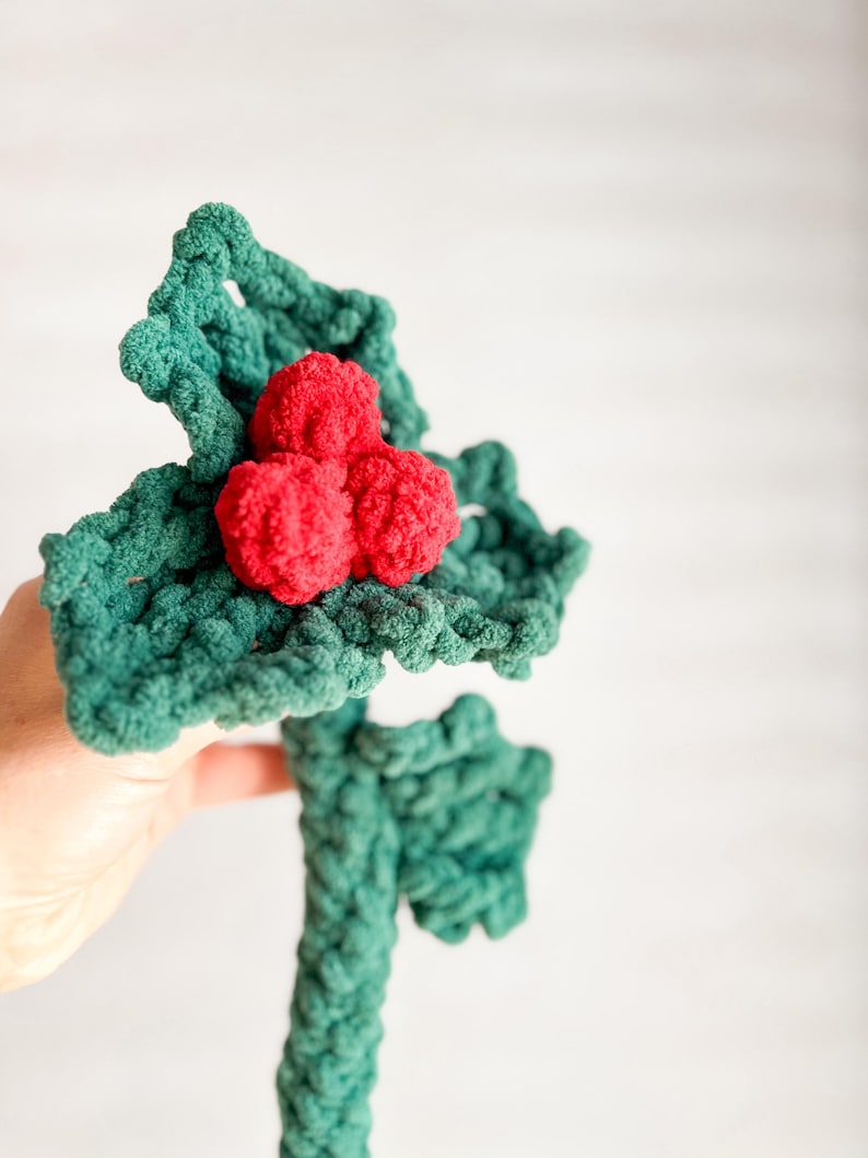 May include: A green crocheted holly sprig with three red crocheted berries.