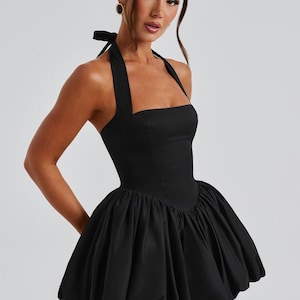 Balloon Hem Halter Mini Black Dress