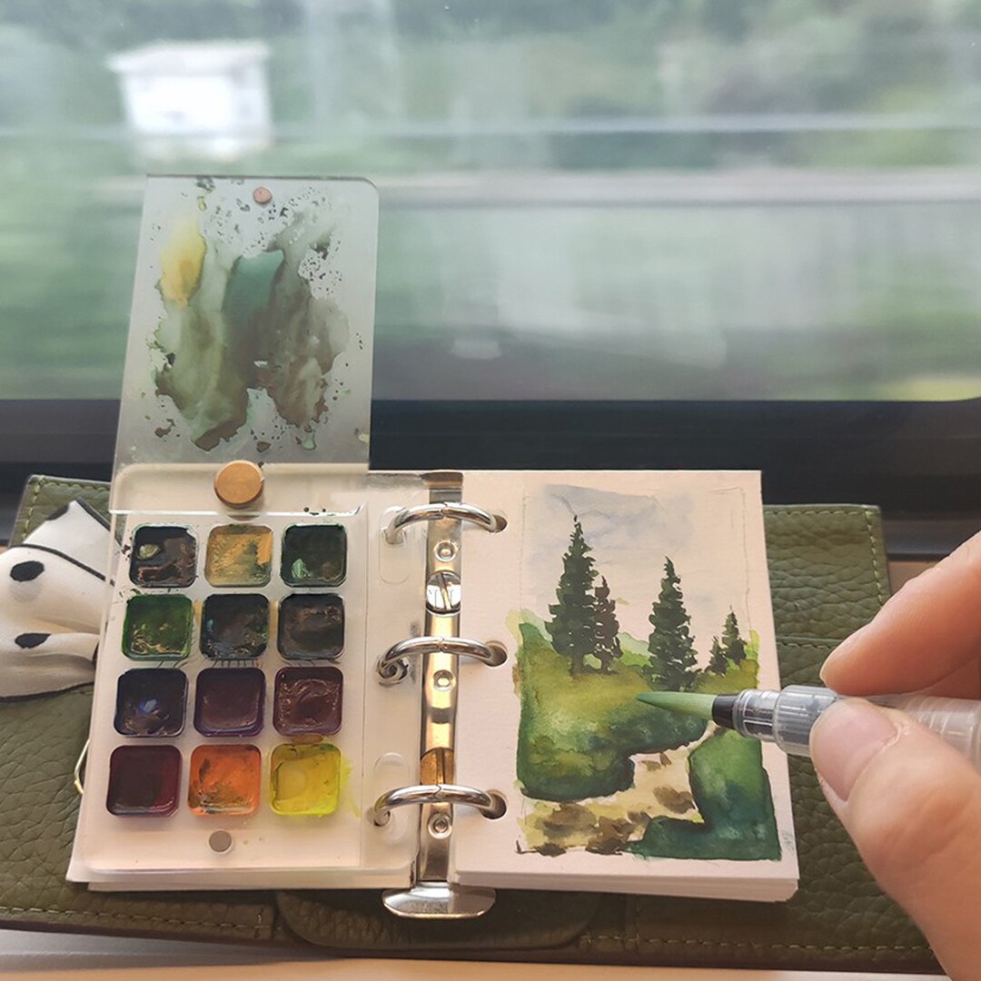 Travel Art Kit Tobio Shop Mini Watercolor Paint Set - Portable Walnut Palette With Brushes, Journal & 8 Colors - Mini Travel Watercolor Paint Kit With Palette Brushes