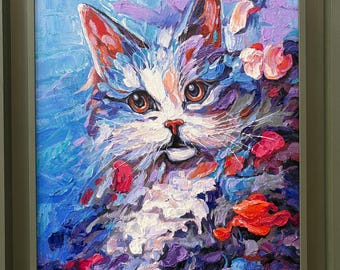 Impasto Katze Malerei Wandkunst, Original handgemachte Ölgemälde Leinwand, reiche texturierte 3D-Kunstwerk
