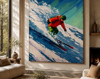 Custom Skiing Impasto Oil Painting, Abstract Hand-Painted Textured Wall Art