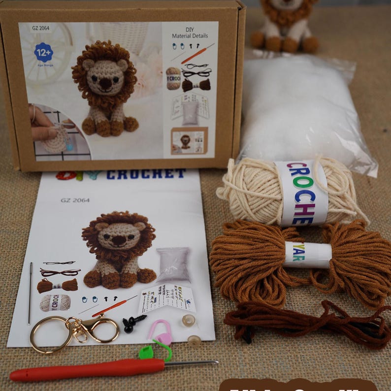 Lion Crochet Kit for DIY Beginners, Amigurumi Keychain, Craft Gift Image Color
