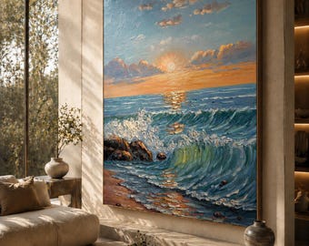 Custom Ocean Waves Impasto Oil Painting, Abstract Hand-Painted Textured Wall Art