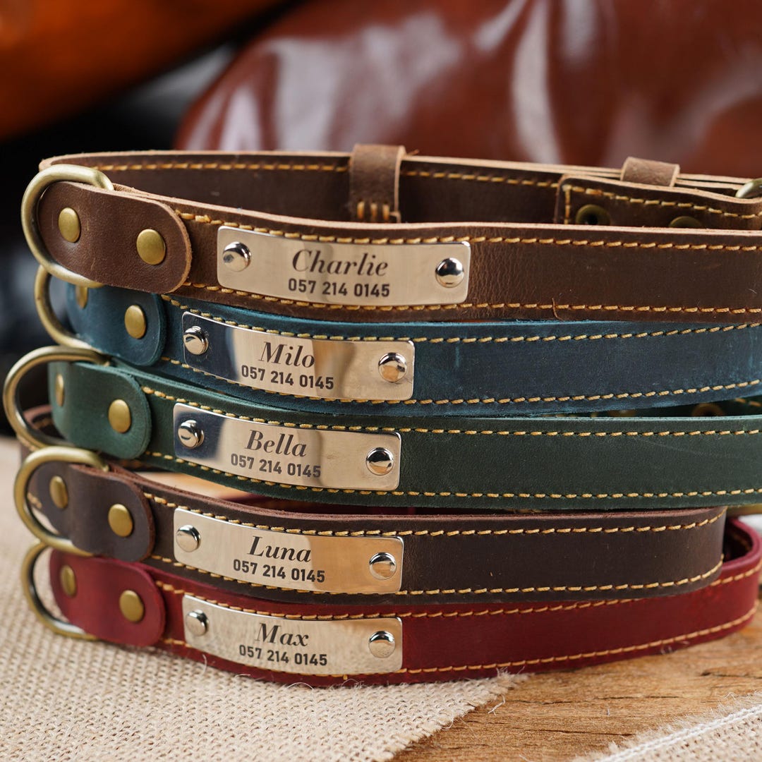 Engraved Real Leather Dog Collar With Name Personalized Custom Pet ...