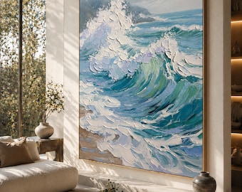 Custom Wave Impasto Oil Painting, Abstract Hand-Painted Textured Wall Art