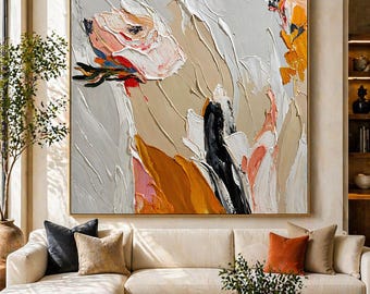 Floral Impasto Oil Painting Wall Art, Original Hand-Painted Abstract Textured Framed Large Decor